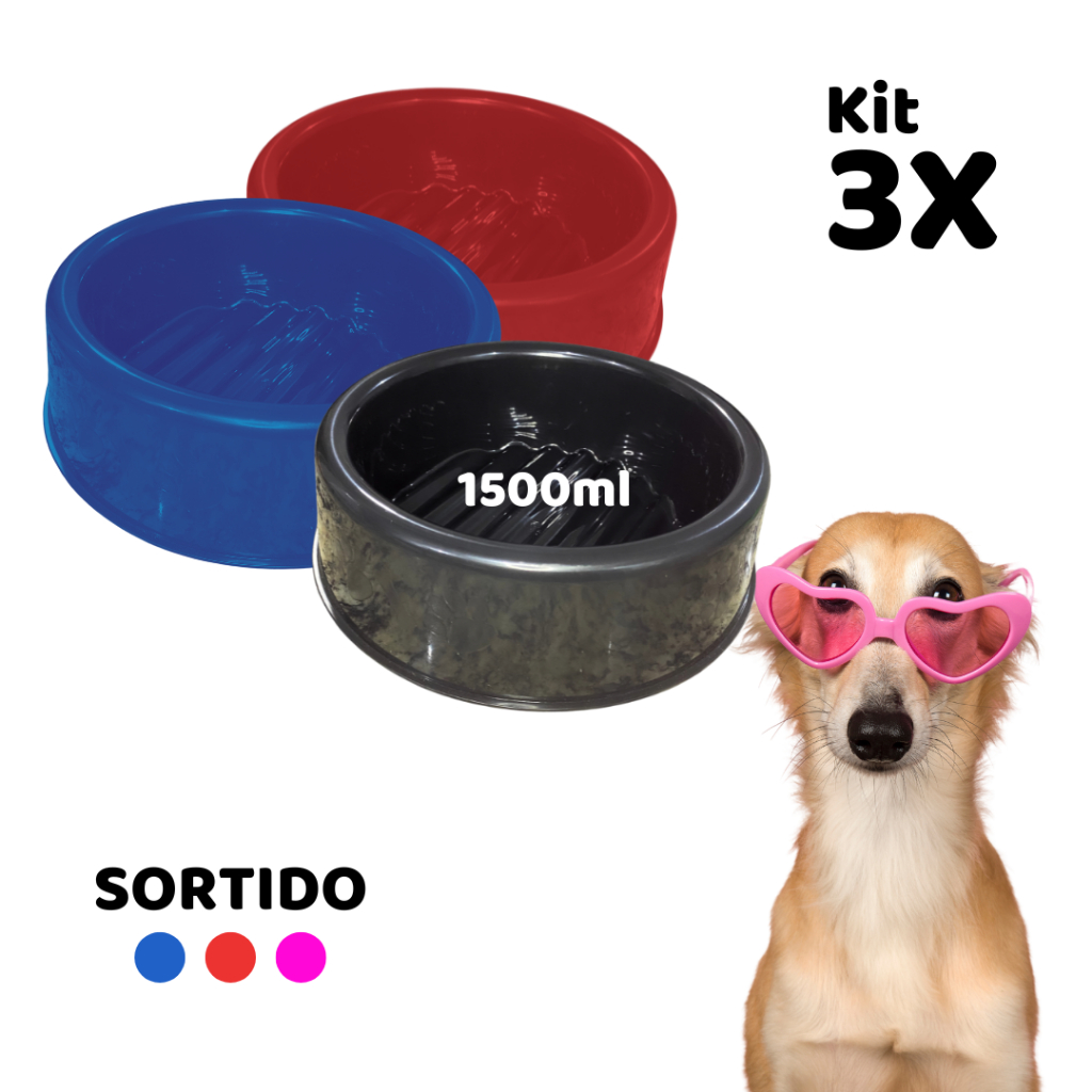 Kit 3 Potes de Ração para Cachorro Pet Comedouro Bebedouro  1500ml SORTIDO