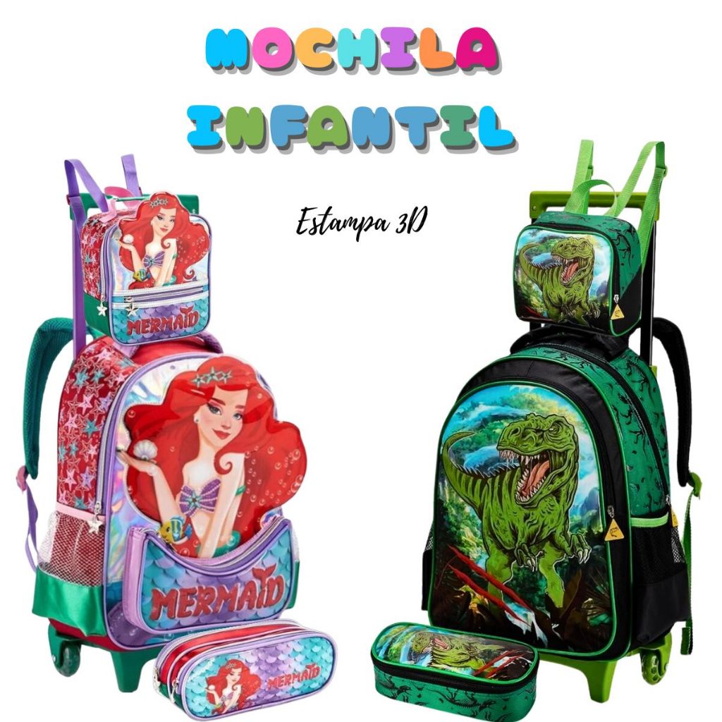 Kit Mochila Escolar  2 Em 1 Infantil de Rodinhas Menino Menina Estampas em 3D Resistente em Oferta na Shopee