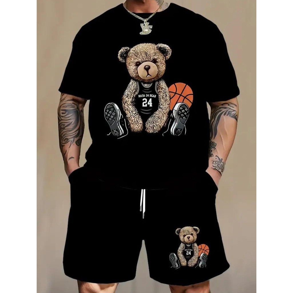 Conjunto Camiseta Básica Urso Basquete Masculina Algodão Camisa Costura Reforçada Streetwear + Bermuda Urso Basquete