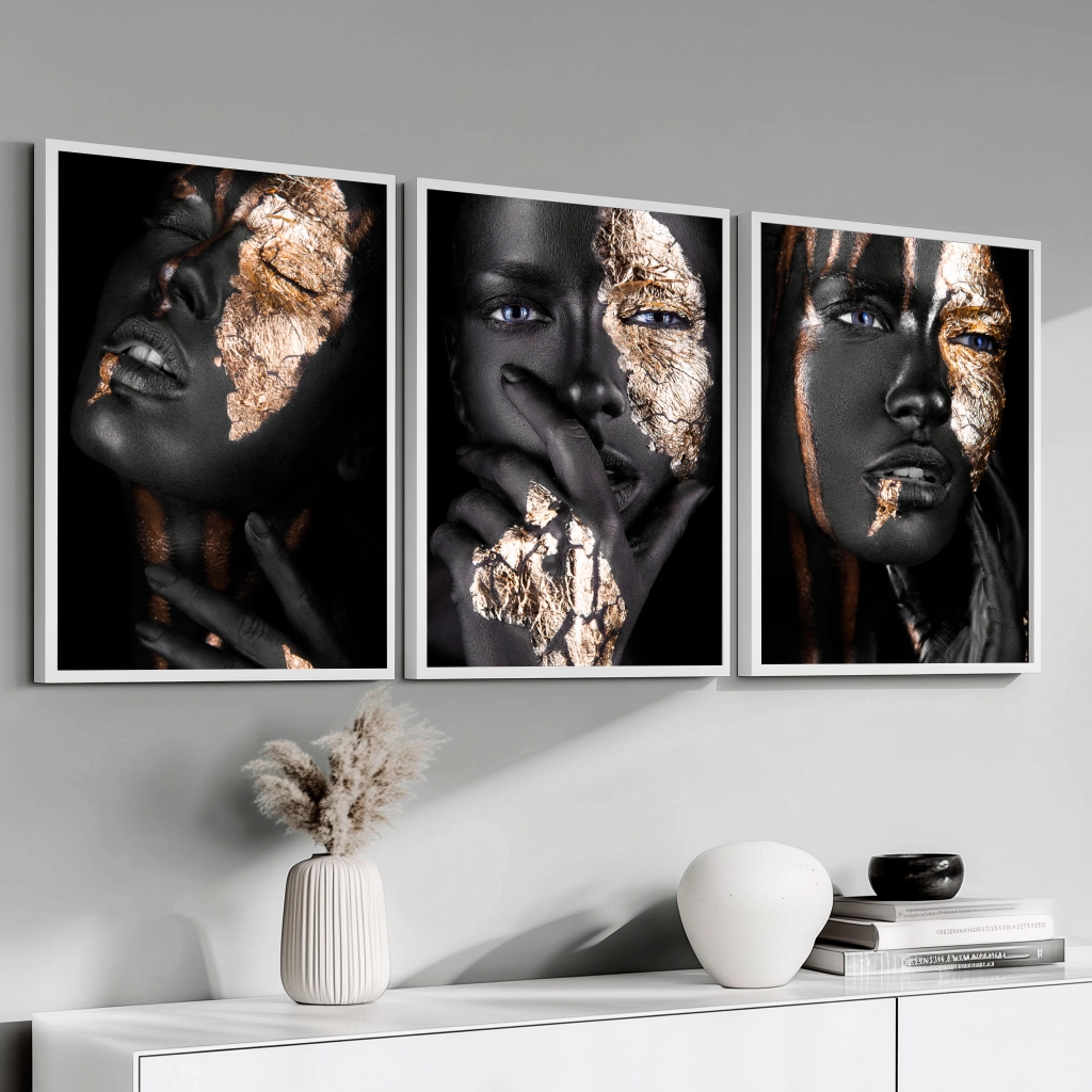 Quadro Decorativo Mulher Negra 40X60cm Moldura Maquiagem Dourada Gold Sala Escritório Quarto Grande · foto 2