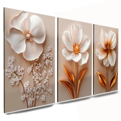 quadros em mdf para sala cozinha quarto flores brancas copo leite dourado