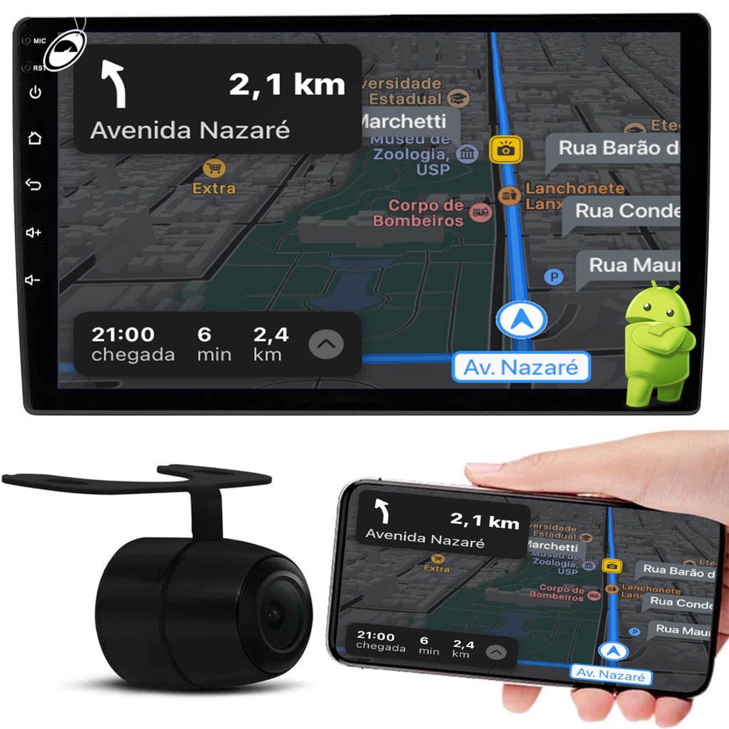 Multimídia 9" Polegadas Android Premium Plus+ E-Tech 4GB + 64GB + Câmera de Ré
