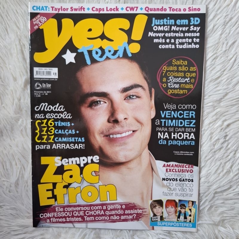 Revista Yes! Teen Zac Efron - Taylor Swift, Justin Bieber, Hayley Williams, Restart, banda Cine, Crepúsculo, Avan Jogia