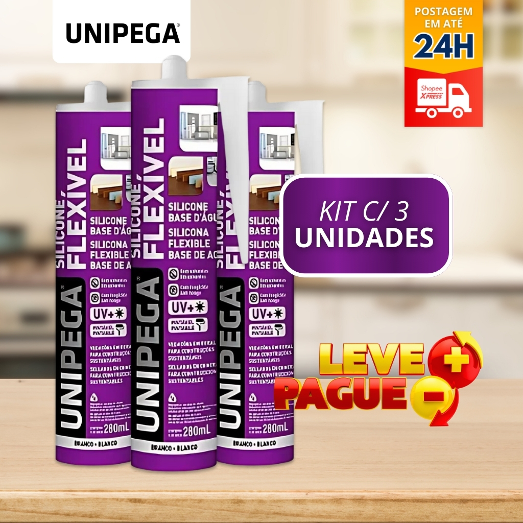 KIT Com 3 Silicone Flexível Base D'água Branco 280ml - Unipega