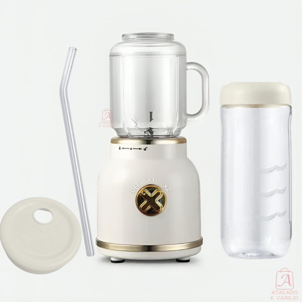 Mini Juicer Liquidificador Portátil Copo Caneca 500ml e 450ml Com 10 Lâminas, Tampa, Canudo e Copo Recarregavel