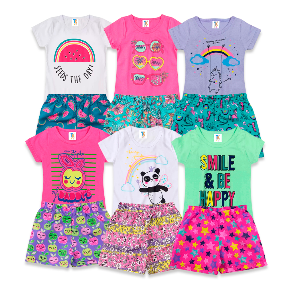Kit 6 Peças Verão Menina Conjuntos 3 Shorts + 3 Camisetas Roupa Infantil Feminina Calor Tecido Leve