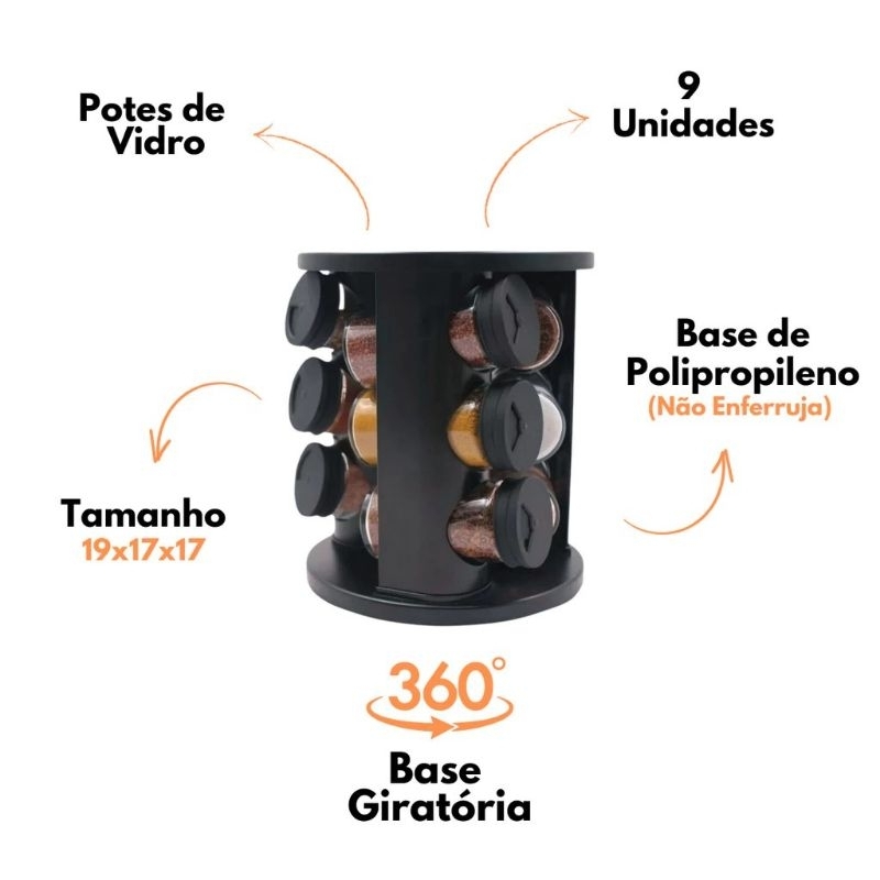 Porta Condimentos e temperos giratório potes de vidro a tampa dosadora preto... — imagem 2 de 2