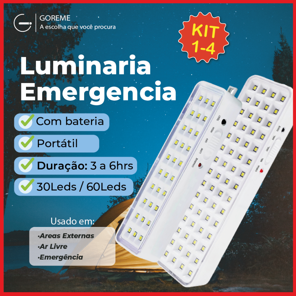 Kit 4 Luminária Emergência Lâmpada 30 ou 60 Leds Recarregável Bivolt Luz Branca Fria - Home & Living