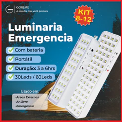 8-12 Luminárias Emergência Lâmpada 30 ou 60 Leds Recarregável Bivolt Luz Branca