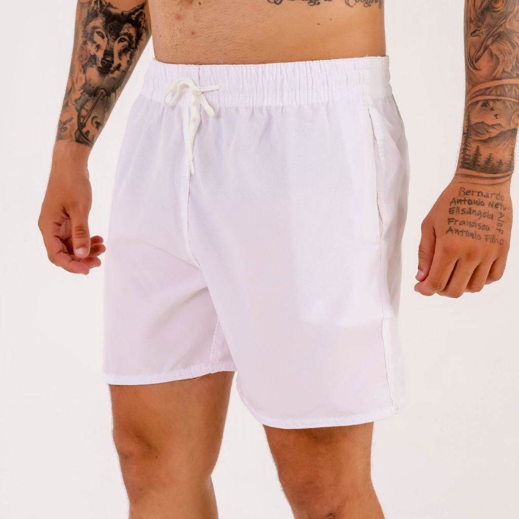 Short Branco Elastano Liso Mauricinho Secagem Rápida Praia Corrida Treino Academia Premium