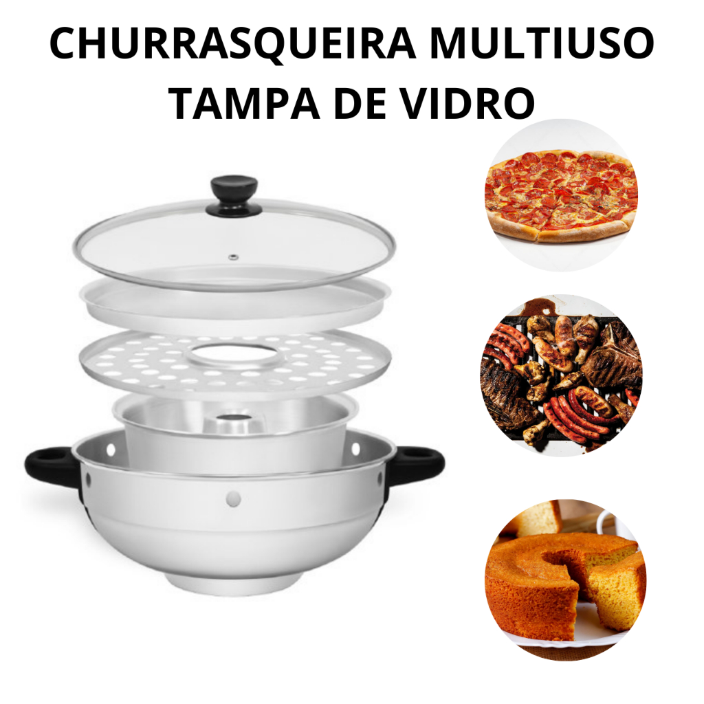 CHURRASQUEIRAEIRA POLIDA MULTI USO COM TAMPA DE VIDRO ALUMIC em Oferta na Shopee