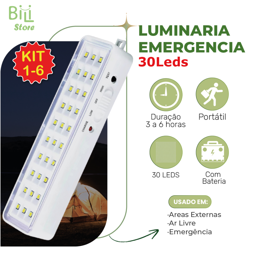 Kit 6 Luminária Emergência Lâmpada 30 Leds Recarregável Bivolt Luz Branca (Branco Frio 6,5...