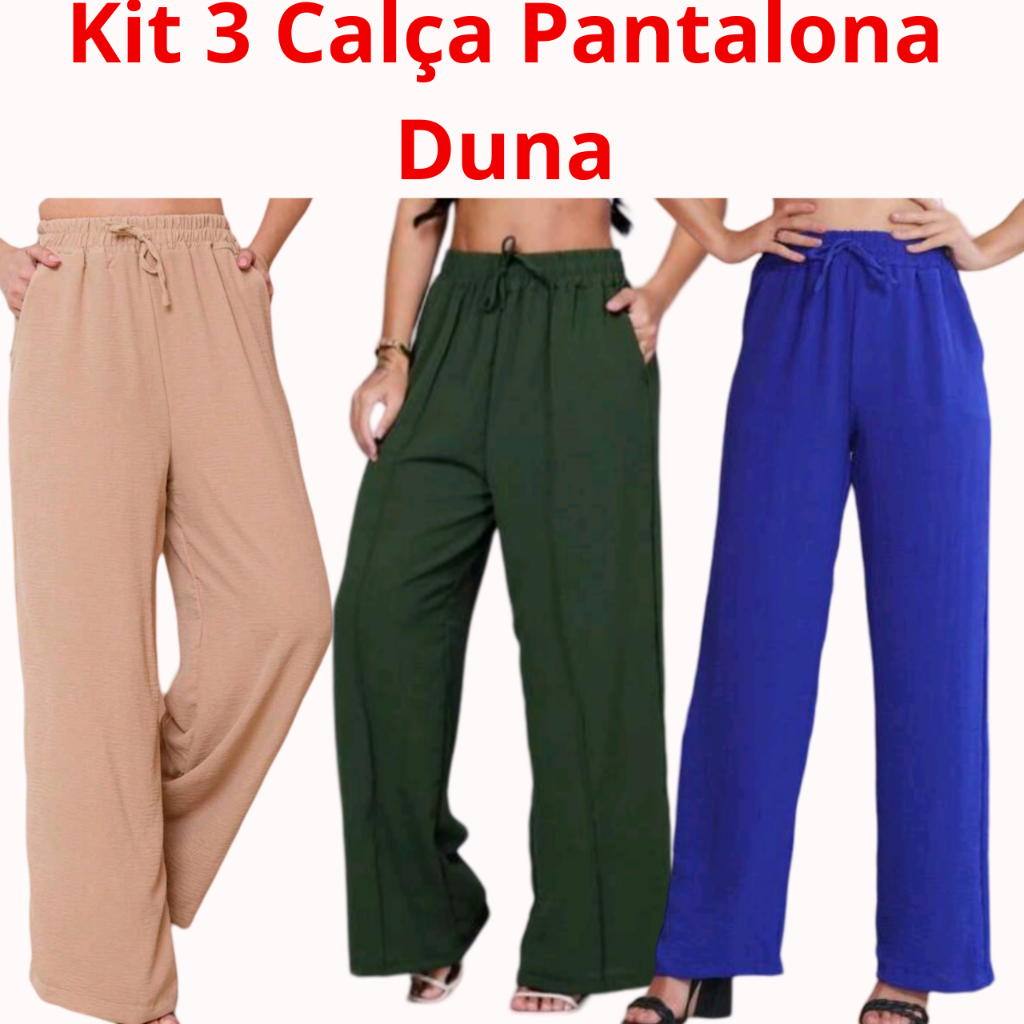 Kit 3 Calças Pantalona Feminina Cintura Alta Tecido Duna com Bolso Elegante em Oferta na Shopee