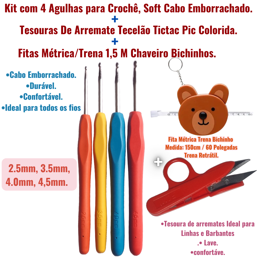 Kit para Crochê  Agulhas ,Soft Cabo Emborrachado + Tesoura De Arremate Tecelão Tictac Pic,coloridas