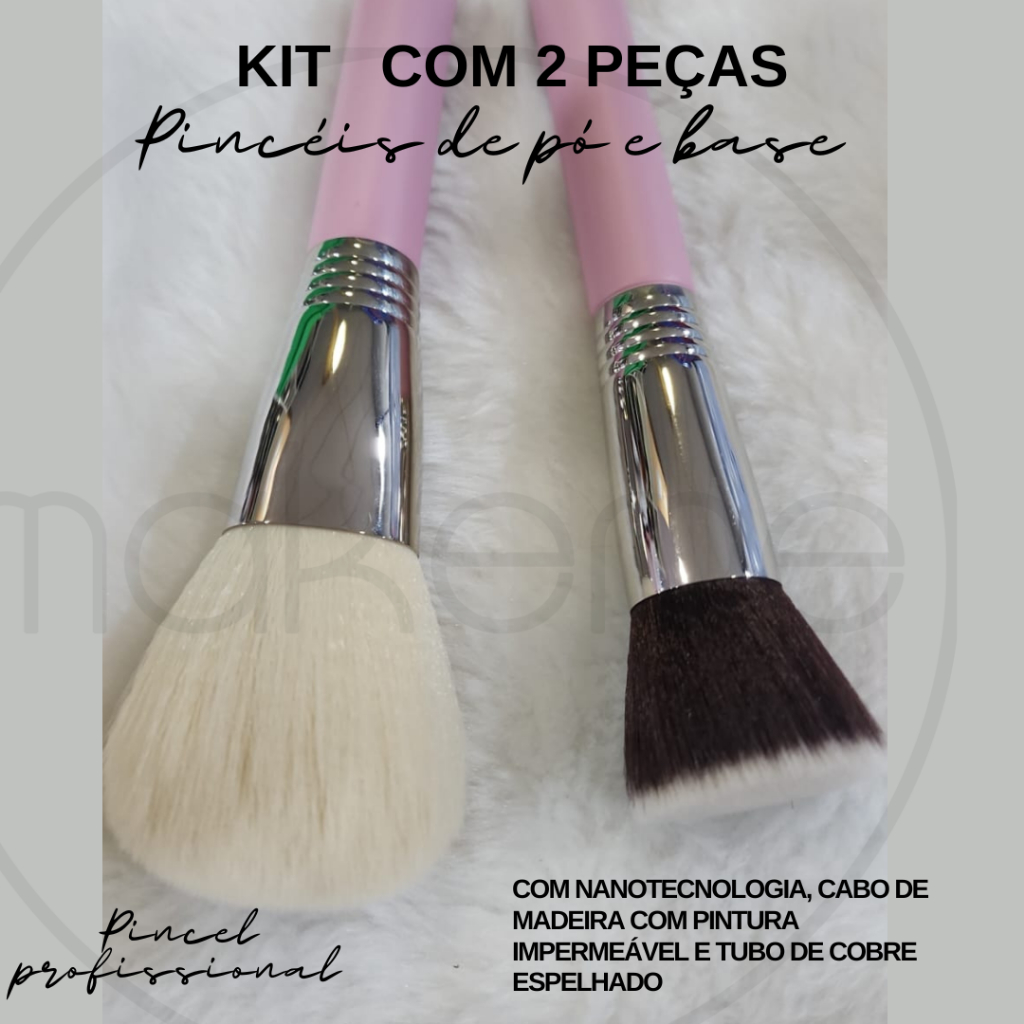 Kit pincel de base e de pó para maquiagem profissional cor de rosa - 2 pelo preço de 1
