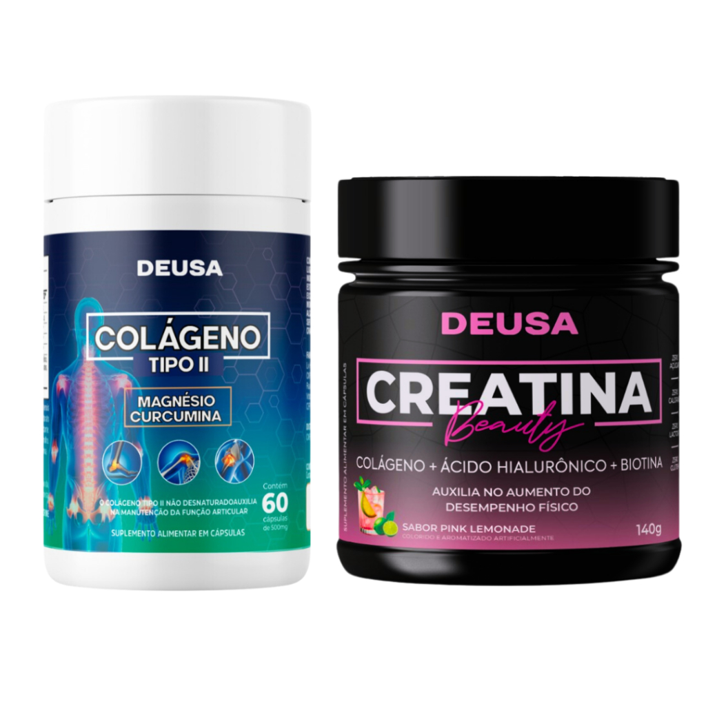 Kit Creatina Beauty Deusa 140g (creatina rosa) e Colágeno Tipo 2 Com Curcuma Magnésio 60 Cápsulas - Mais Disposição