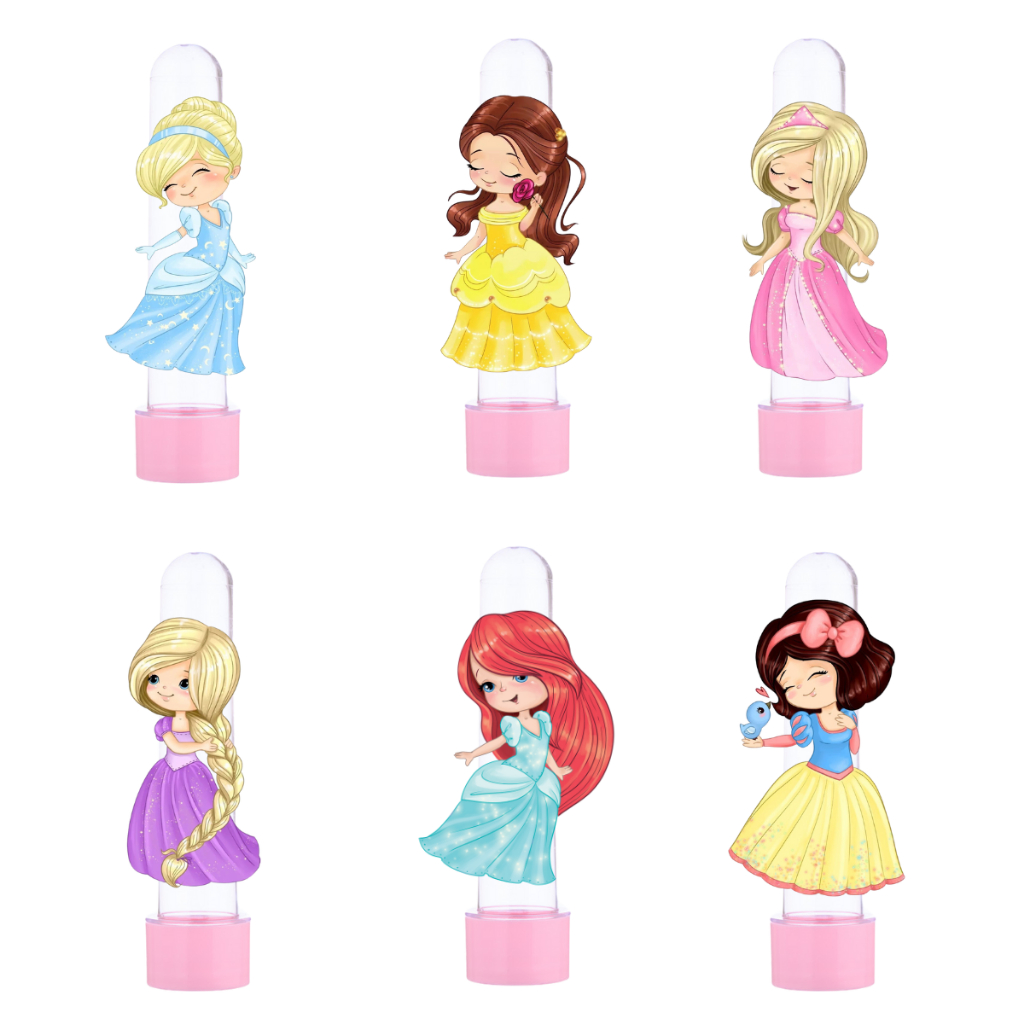 25 Tubetes com Apliques Lembrancinha Personalizada Princesas Baby Aquarela