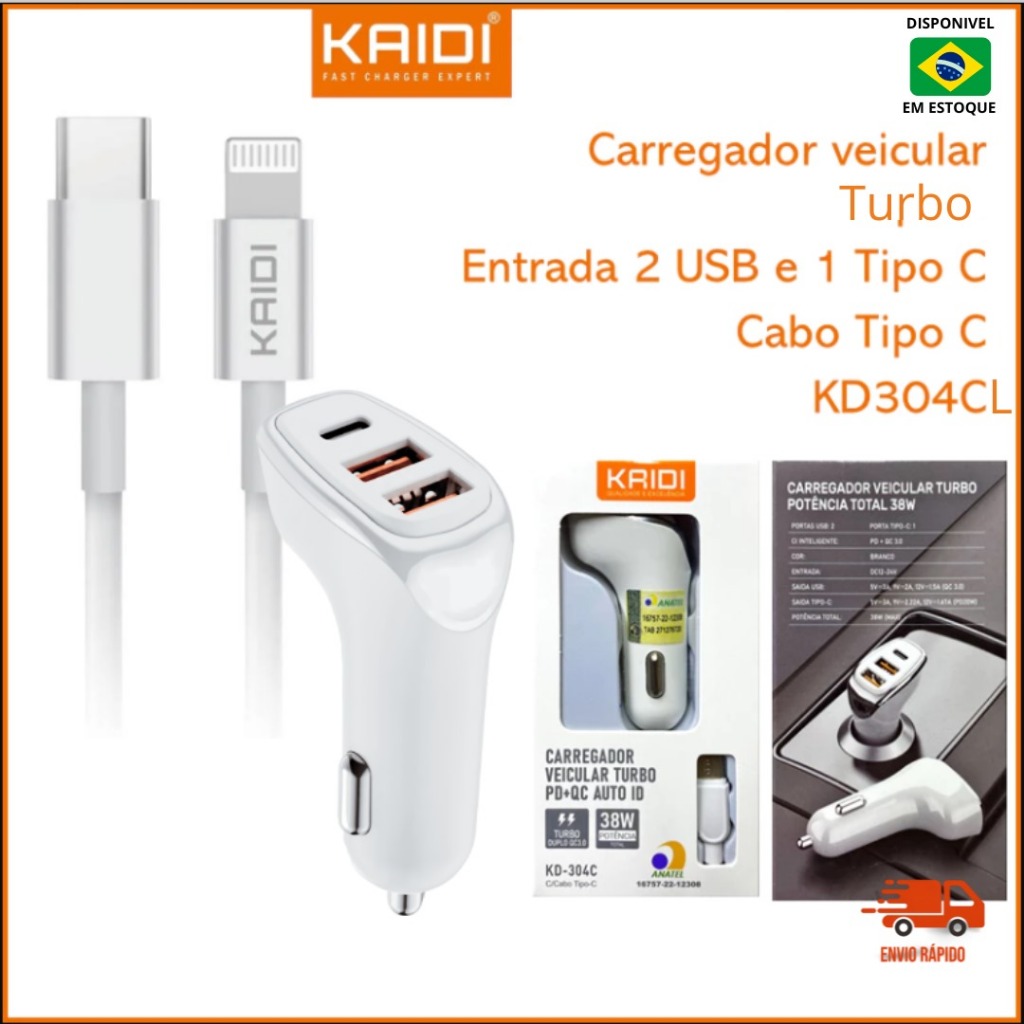 Carregador Veicular USB e Tipo-c Turbo 3 Portas Rápido e Potente - Carregador de Carro para Celular