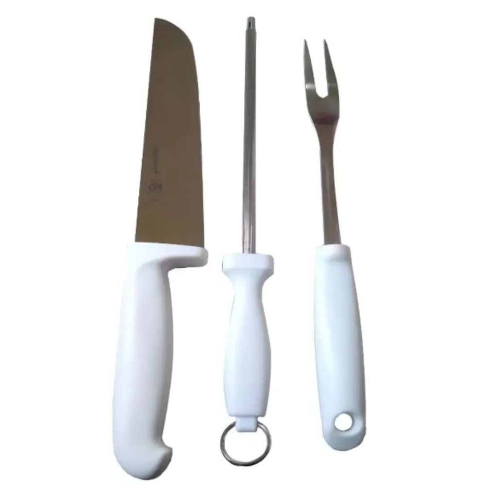Kit Churrasco 3 Peças Com Faca Garfo Chaira Profissional Aço Inox Alta Qualidade
