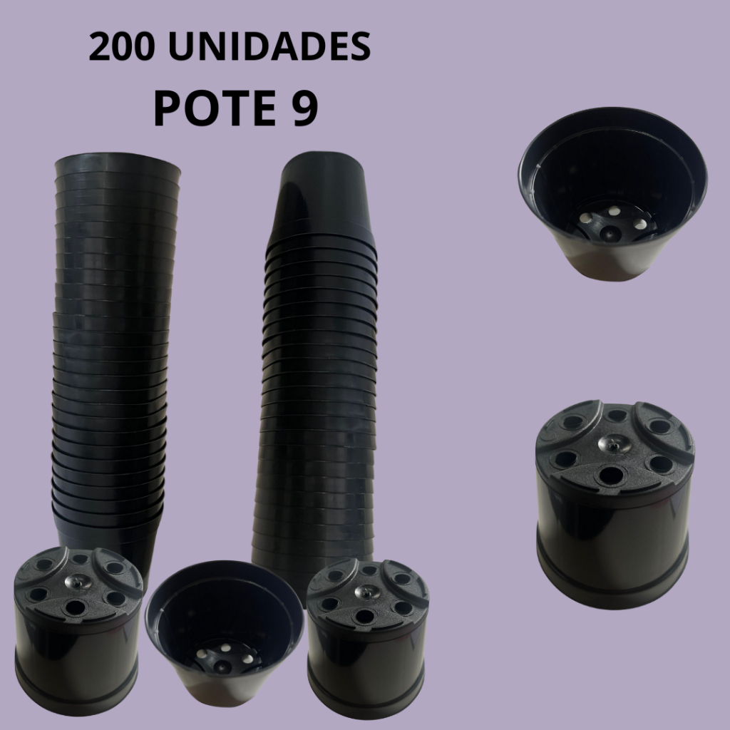 Kit 200 Vasos Pote 9 Preto para Cactos/Suculentas/Mudas/Plantio