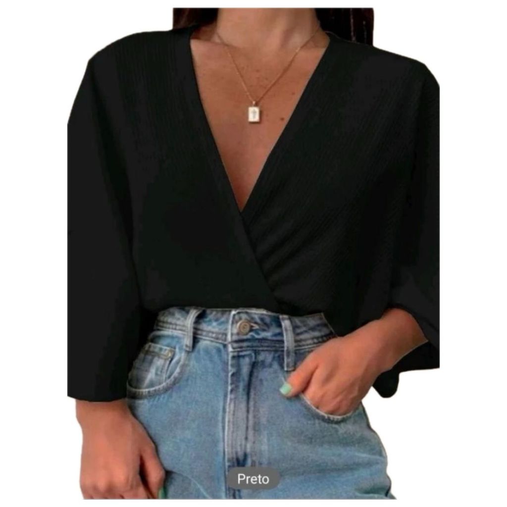 KIT 2 Blusas Transpassada Cropped Feminino Decote V Manga Morcego