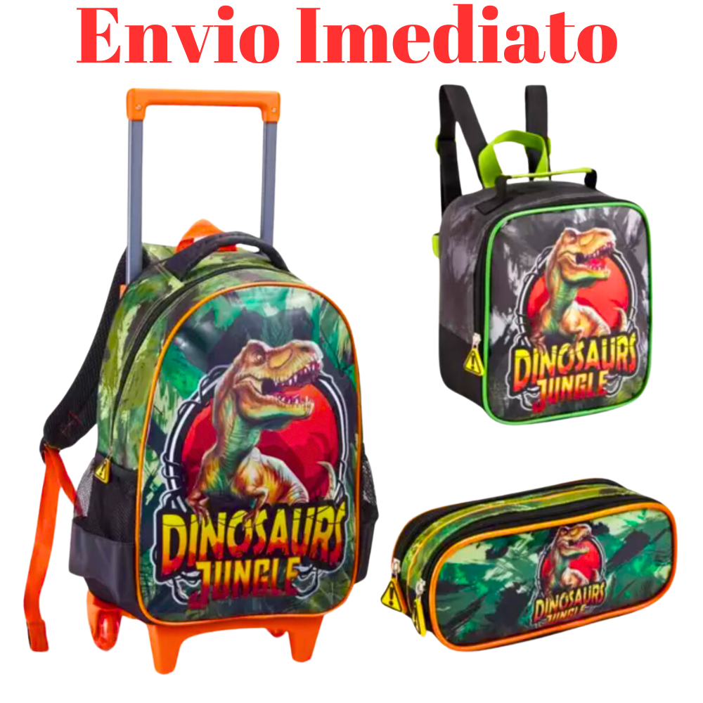 Kit Mochila Escolar Infantil Dinossauro Jungle Com Rodinhas - Mochila de menino Infantil Mochila de Rodinha Menino
