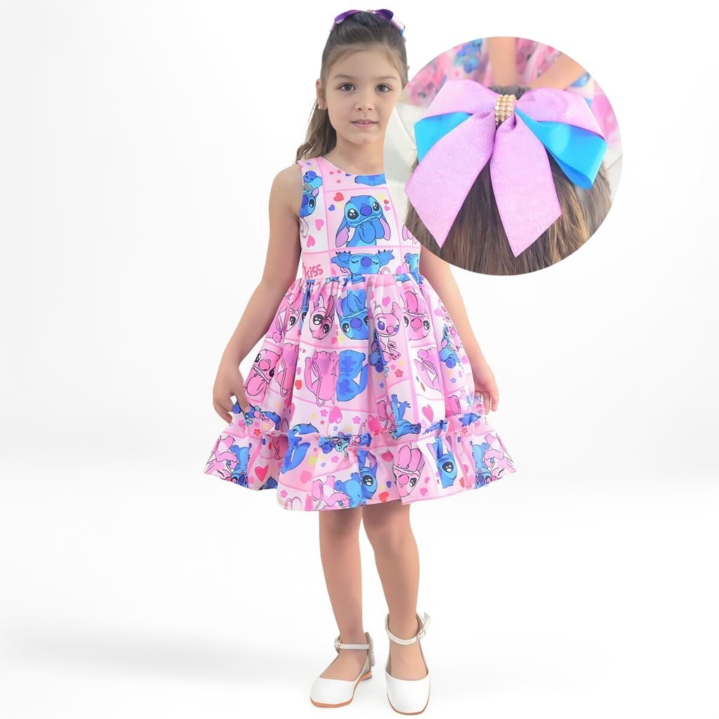 Vestido Stitch e Angel Mini Fashionista Com Laço Opcional em Oferta na Shopee