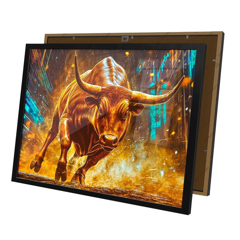 Quadro Touro Dourado Gráficos do Mercado de Ações Financeira Moldura e Vidro