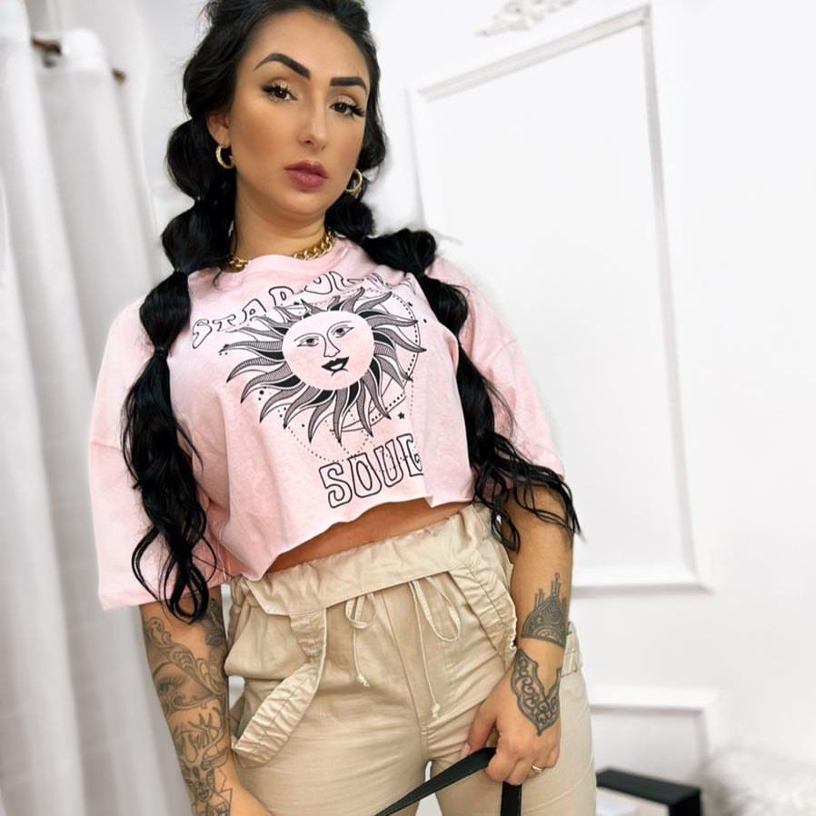 Cropped Oversized Tshirt Blusa Moda Feminina Street Lost Sol Estilo Academia Fitness Gym Místico