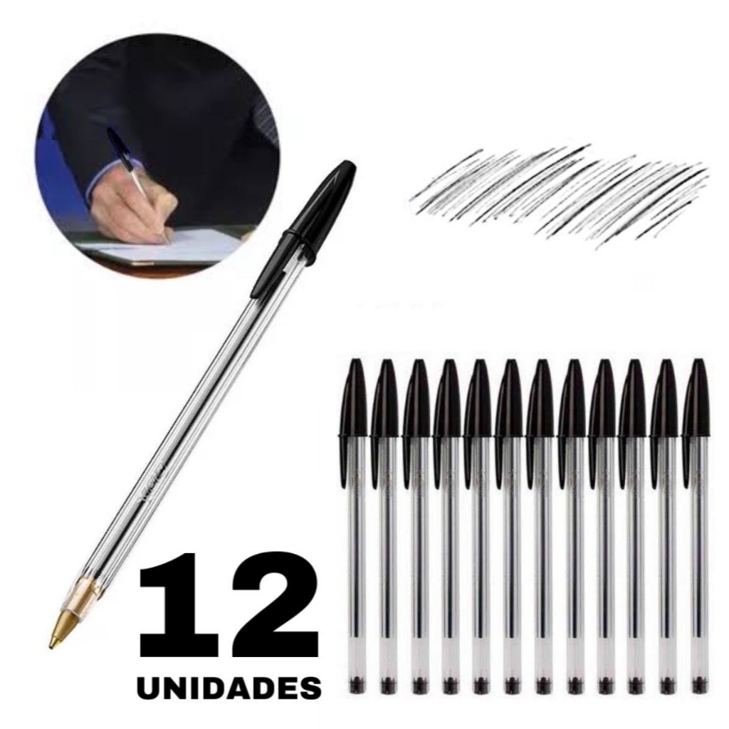 CANETA BIC CRISTAL PRETA 12UNID ESFEROGRÁFICA 1.0mm DURA + em Oferta na Shopee