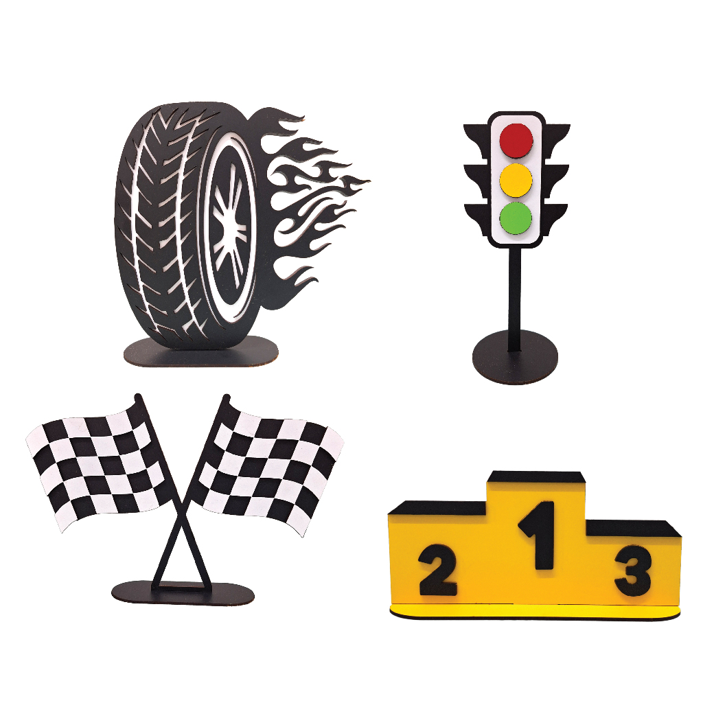 Display Corrida Carros Mdf Festa Decoração Kit com 4 unidades