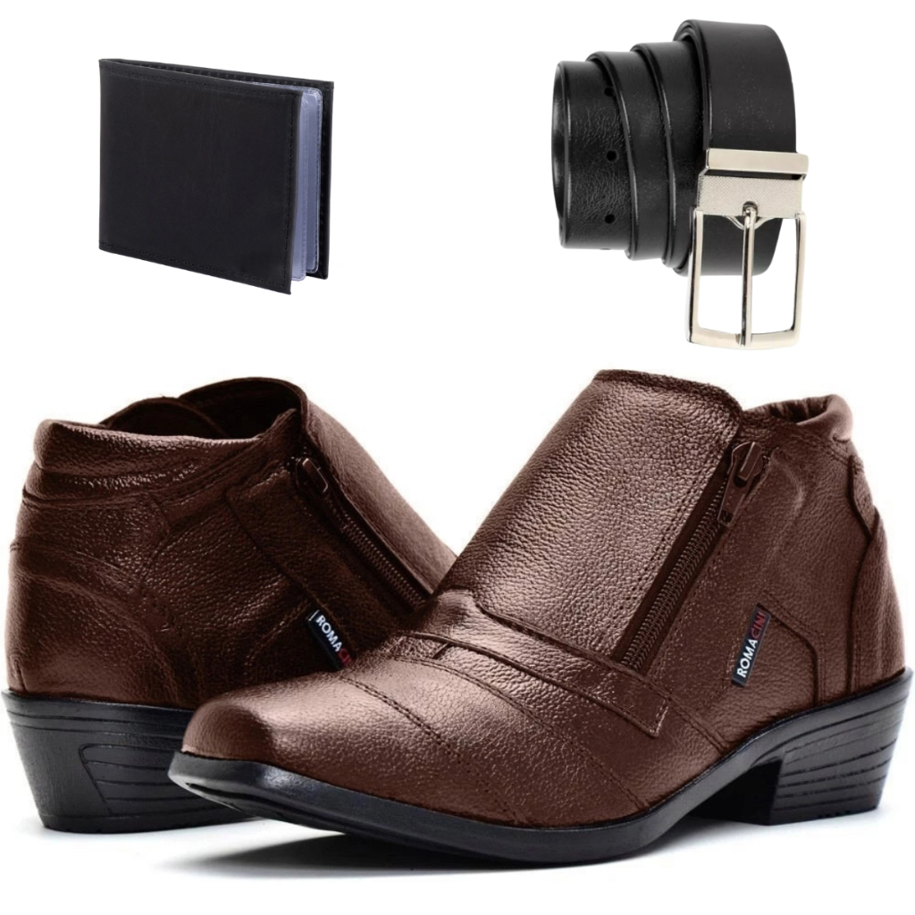 Kit Bota Botina Social Masculina em Couro Legítimo Moda Agro Rural Country Solado Costurado com cinto e carteira
