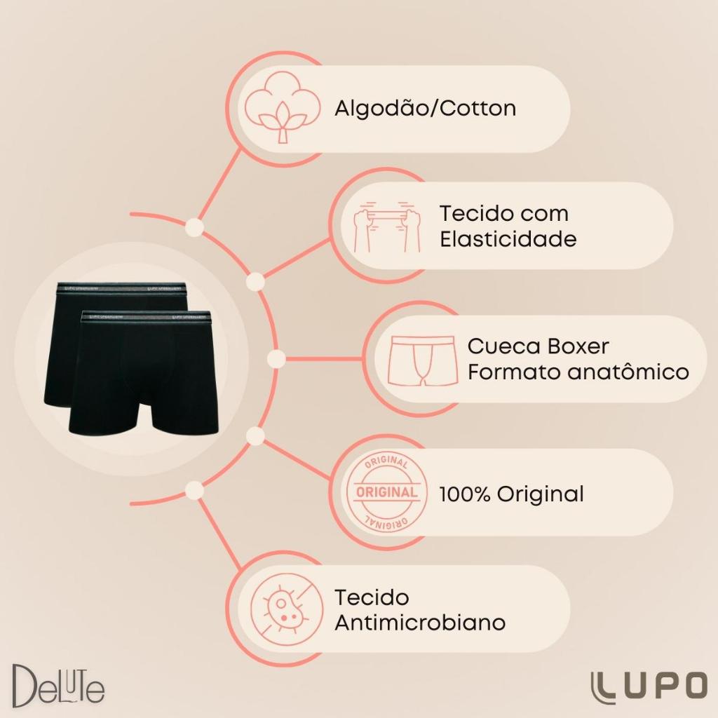 Detalhes do Kit De 6 Cuecas Originais Lupo Boxer Box Básica Em Algodão Cotton Com Elastano