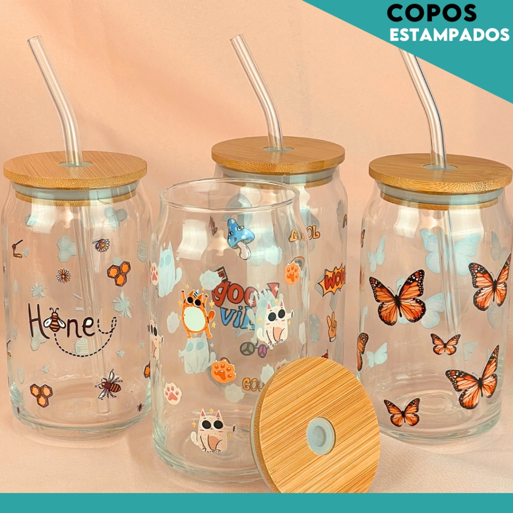 Copo De Vidro Com Tampa De Bambu Hermético Estampado Com Canudo - CH