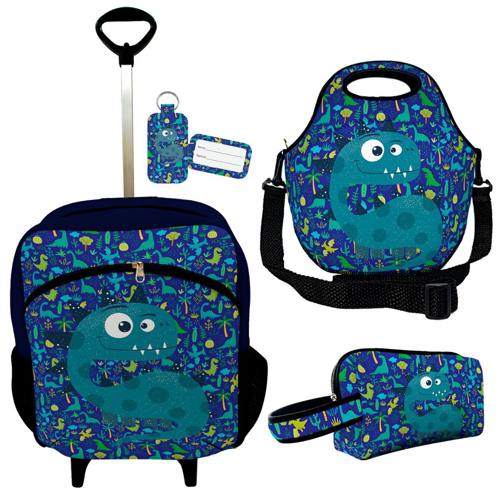 Kit Escolar Premium com Mochila c/ Rodinhas + Lancheira + Necessaire Plus - ISOPRENE - Dinossauro Kids