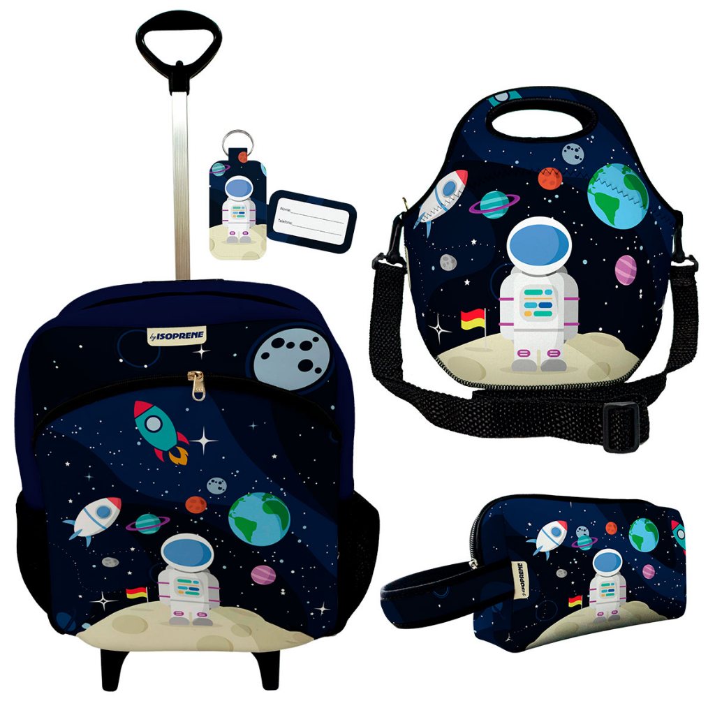 Kit Escolar Premium com Mochila c/ Rodinhas + Lancheira + Necessaire Plus - ISOPRENE - Astronauta em Oferta na Shopee