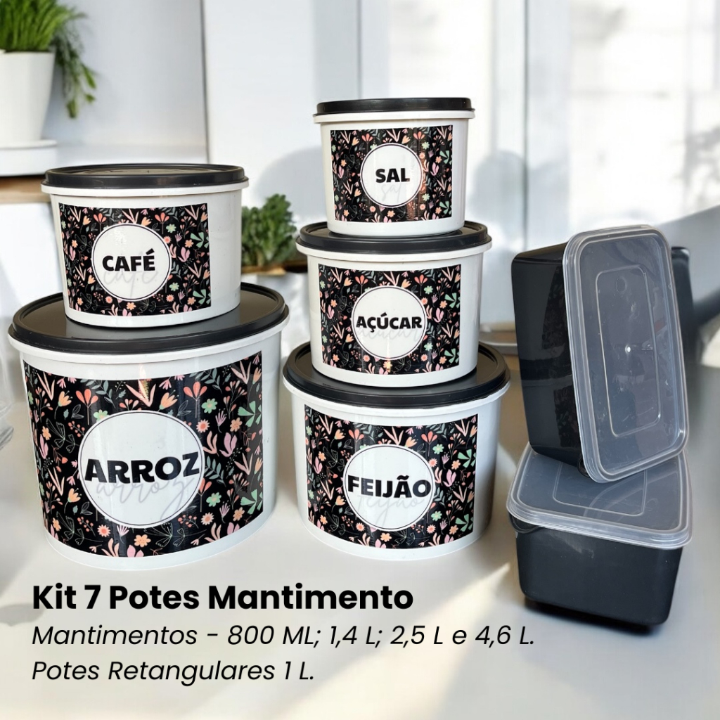 Kit 7 Potes Organizadores Cozinha - 5 Porta Mantimentos + 2 Marmitas Retangulares Tampa Transparente