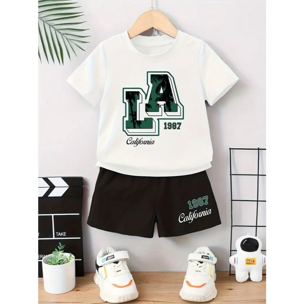 Conjunto Infantil Camiseta + Bermuda Moletom Estampa L.A Verde Kit Camisa e Short