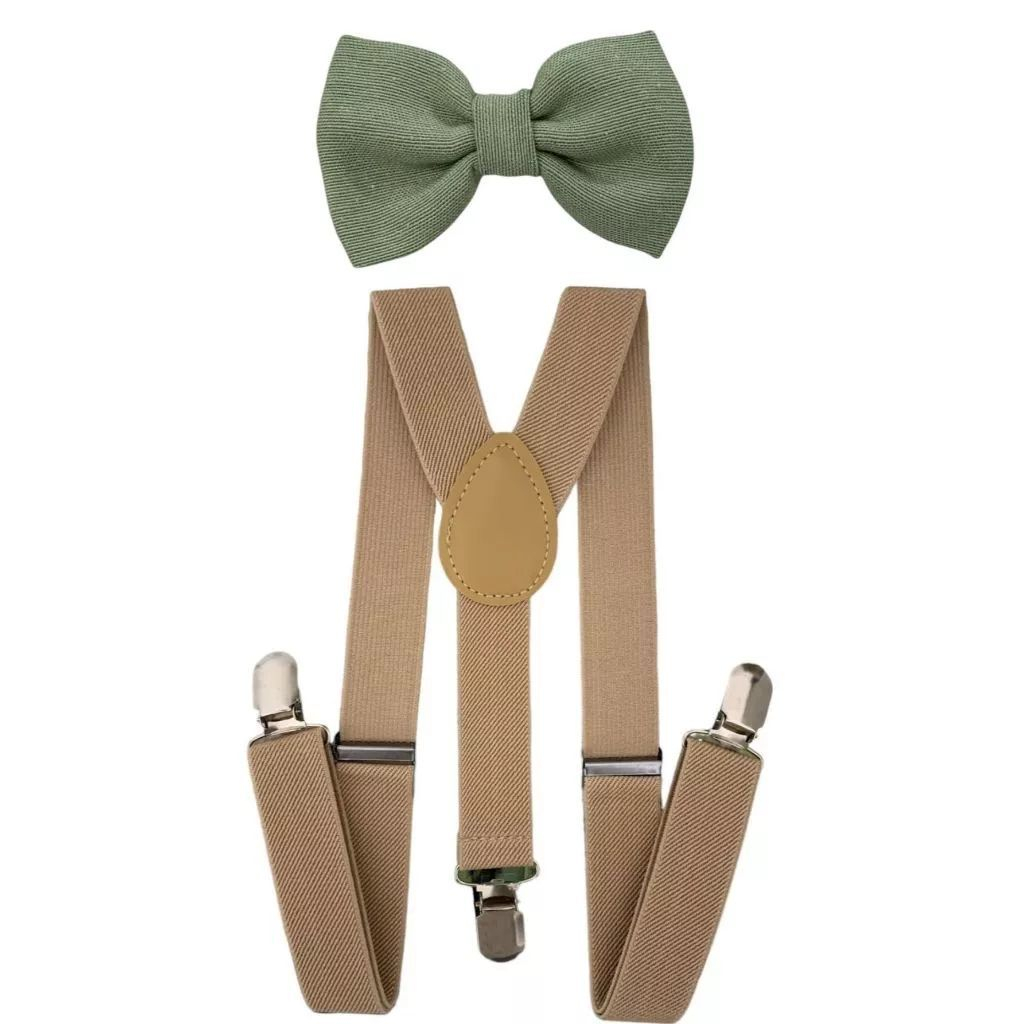 4 Kits Suspensório Bege e Gravata Borboleta Verde Oliva Premium Adulto