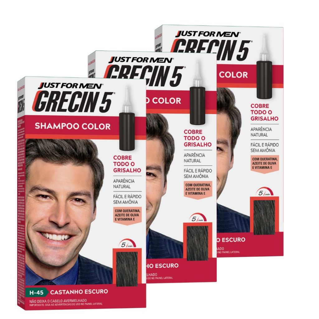 Kit 3x unidades Grecin 5 Shampoo Tintura Tonalizante Castanho Escuro H-45 60ml - Cobre os cabelos grisalhos em 5 minutos em Oferta na Shopee
