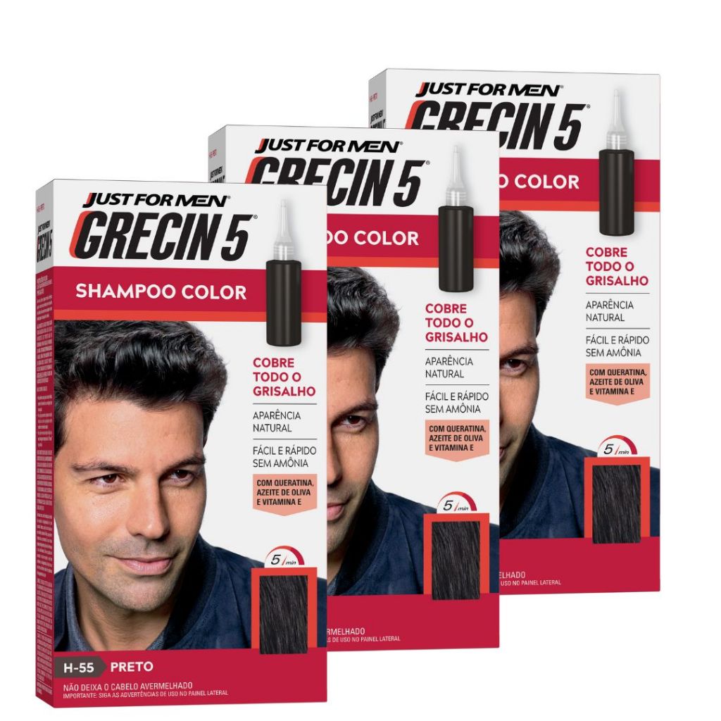 Kit 3x unidades - Grecin 5 Shampoo Tintura Tonalizante Preto H-55 60ml - Cobre os cabelos grisalhos em 5 minutos. em Oferta na Shopee