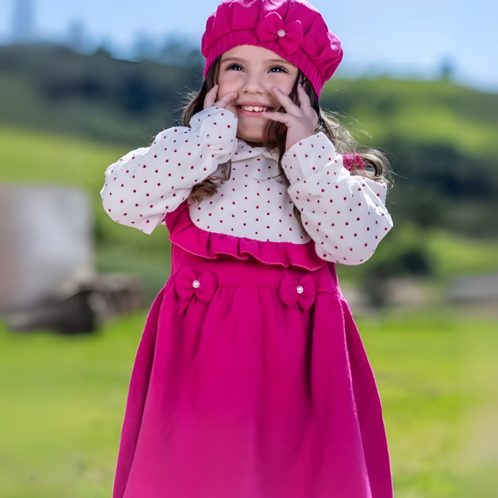 Conjunto Vestido Infantil Manga Longa Feminina Para Meninas Com Boina Moda Inverno Elegante Confortável Bolinha Branco