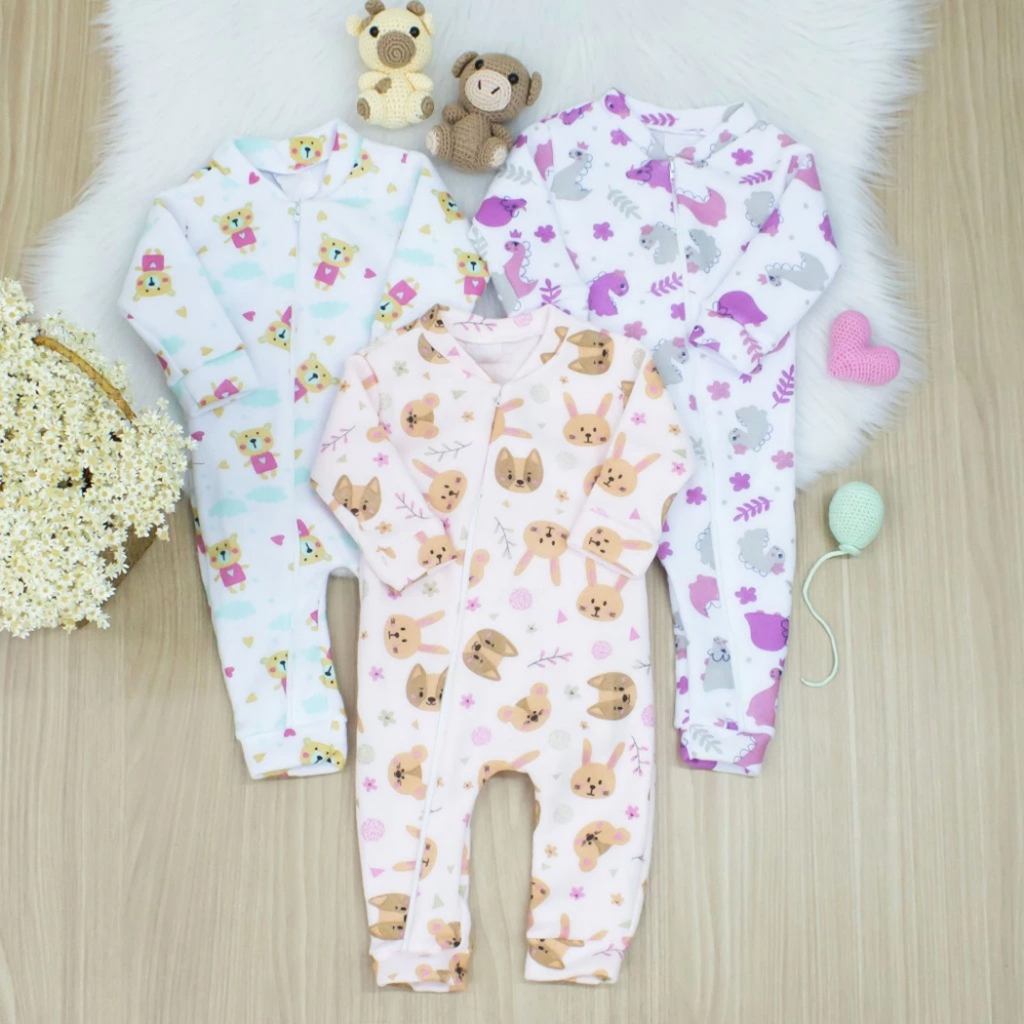 Macacão Bebê Soft Quentinho Menina e Menino 03 Peças Estampas Sortidas - Macacão Inverno