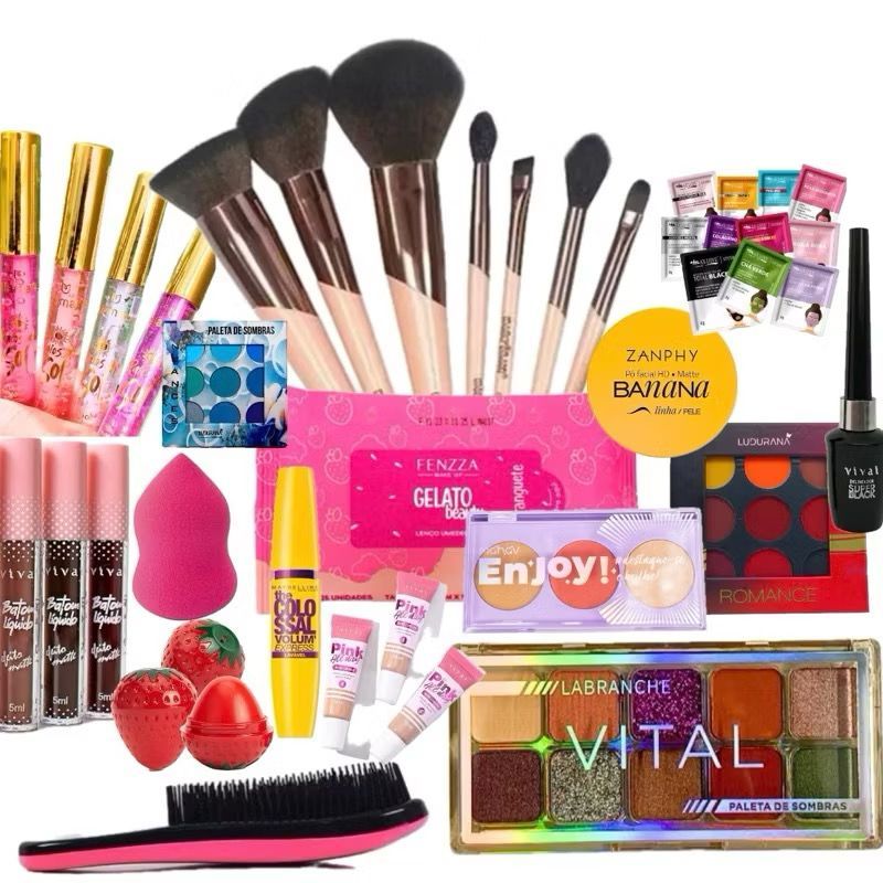 KIT MAQUIAGEM COMPLETO GLOSS BASE BLUSH PERFUME RUBY ROSE MELU MALU VÍVAI