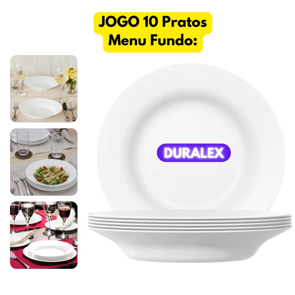 Jogo Kit 10 Pratos Menu Fundo Branco  Duralex Vidro Redondo Opaline Jantar Cozinha Porcelana