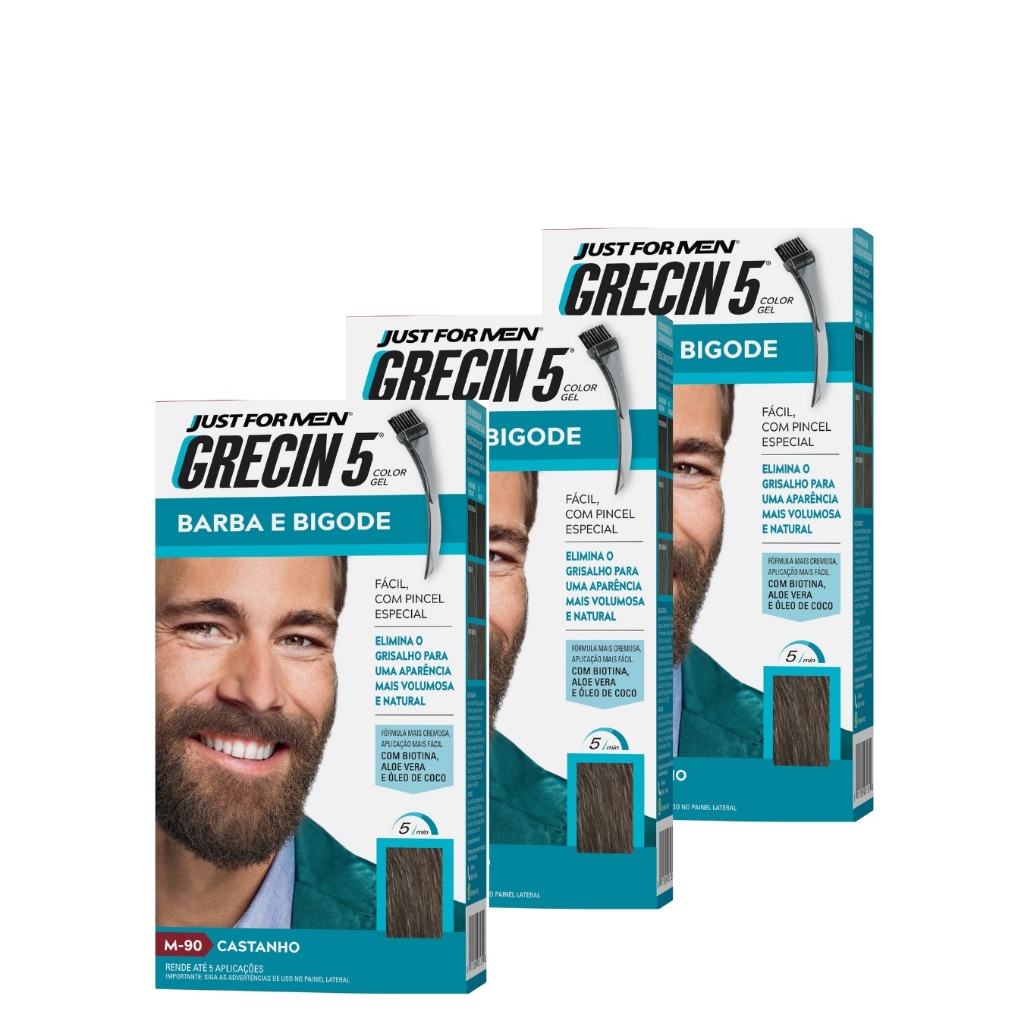 Kit 3x unidades Grecin 5 Color Gel Barba e Bigode Castanho M-90 - Cobre os fios grisalhos 5 minutos. Aparência natural. em Oferta na Shopee