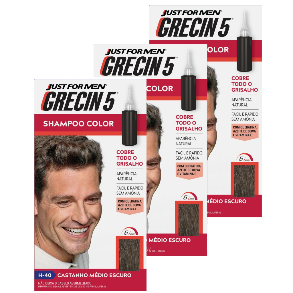 Kit 3x unidades Grecin 5 Shampoo Tintura Tonalizante Castanho Médio Escuro H-40 