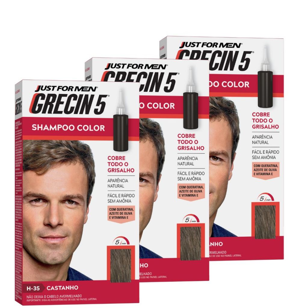 Kit 3x unidades - Grecin 5 Shampoo Tintura Tonalizante Castanho H-35 60ml - Cobre os cabelos grisalhos em 5 minutos. em Oferta na Shopee