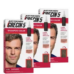 Kit 3x unidades - Grecin 5 Shampoo Tintura Tonalizante Castanho H-35 60ml - Cobre os cabelos grisalhos em 5 minutos.