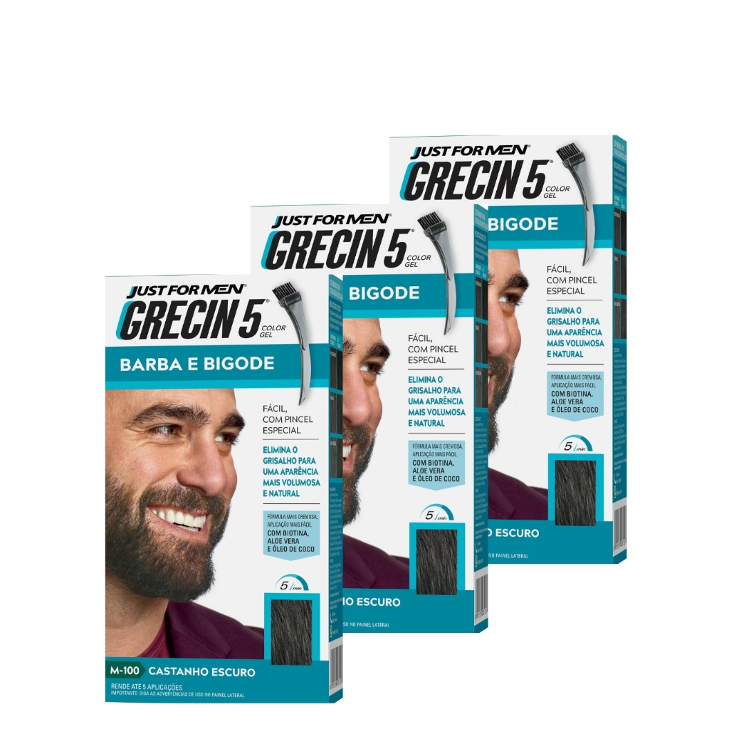 Kit 3x unidades - Grecin 5 Color Gel Barba e Bigode Castanho Escuro M-100 28g - Cobre os fios grisalhos em 5 minutos - Beauty